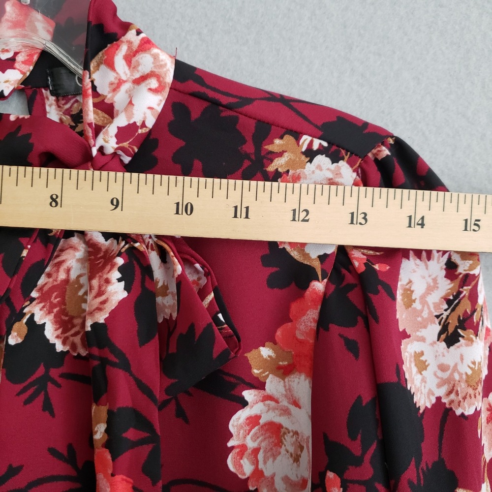 CURE. Womens M Blouse Burgundy Floral Tie Neck Long Sleeve Career Top M4-2924 - Picture 12 of 13